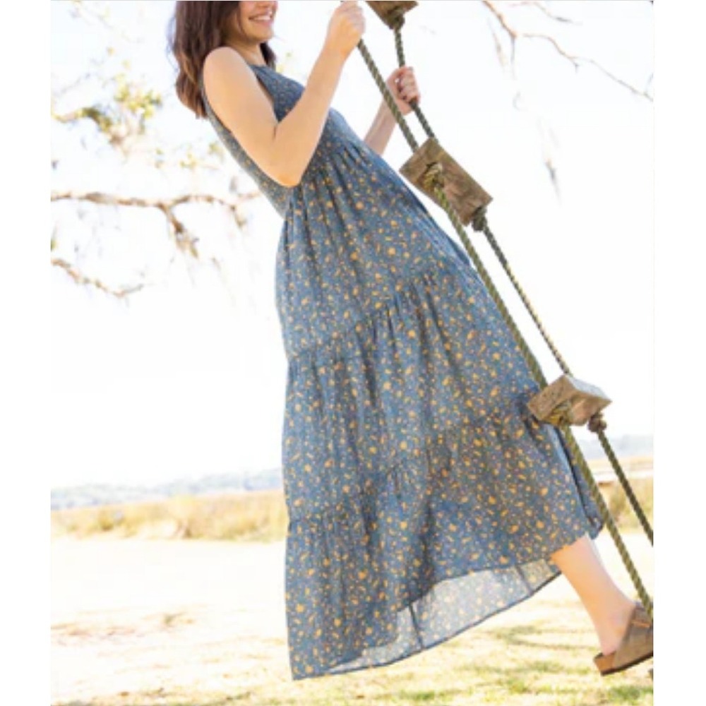 Natural Life Maxi Dress Women Small Blue Floral Smocked Tiered Sleeveless Boho